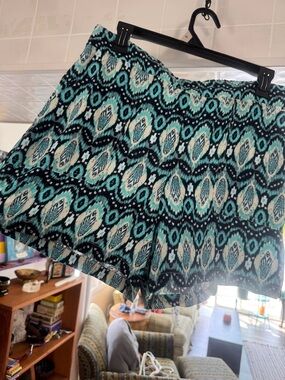 Wildfox Teal & Navy Ikat Southwestern Print Rayon Beach Shorts Large